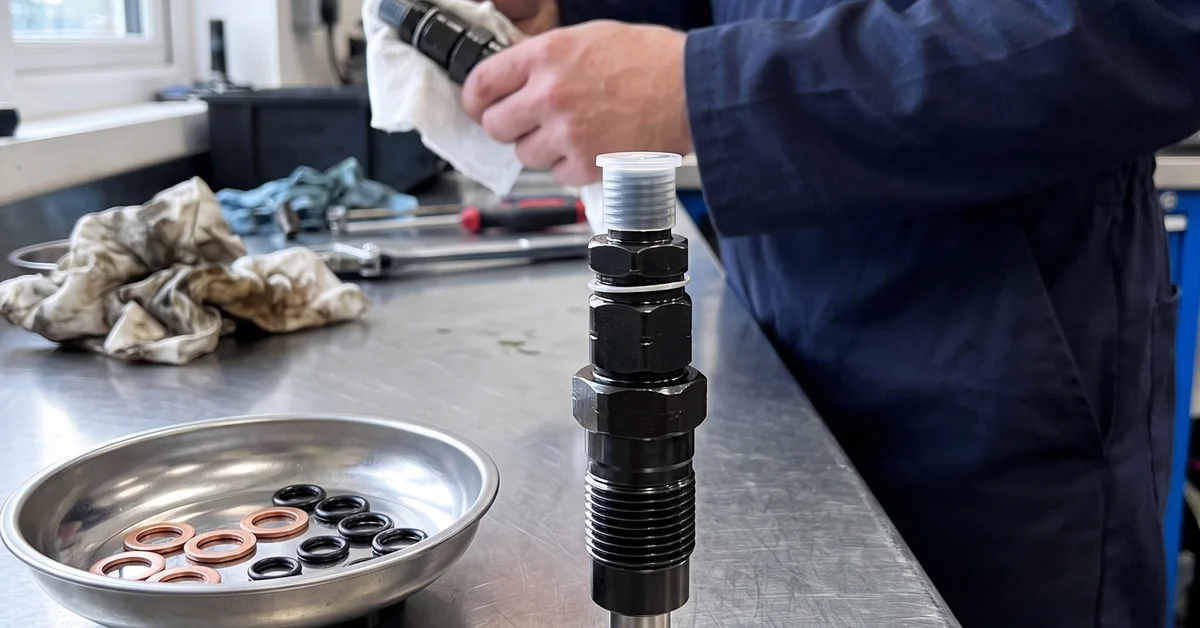 Injecteur complet avec bagues d'étanchéité en cuivre sur l'établi