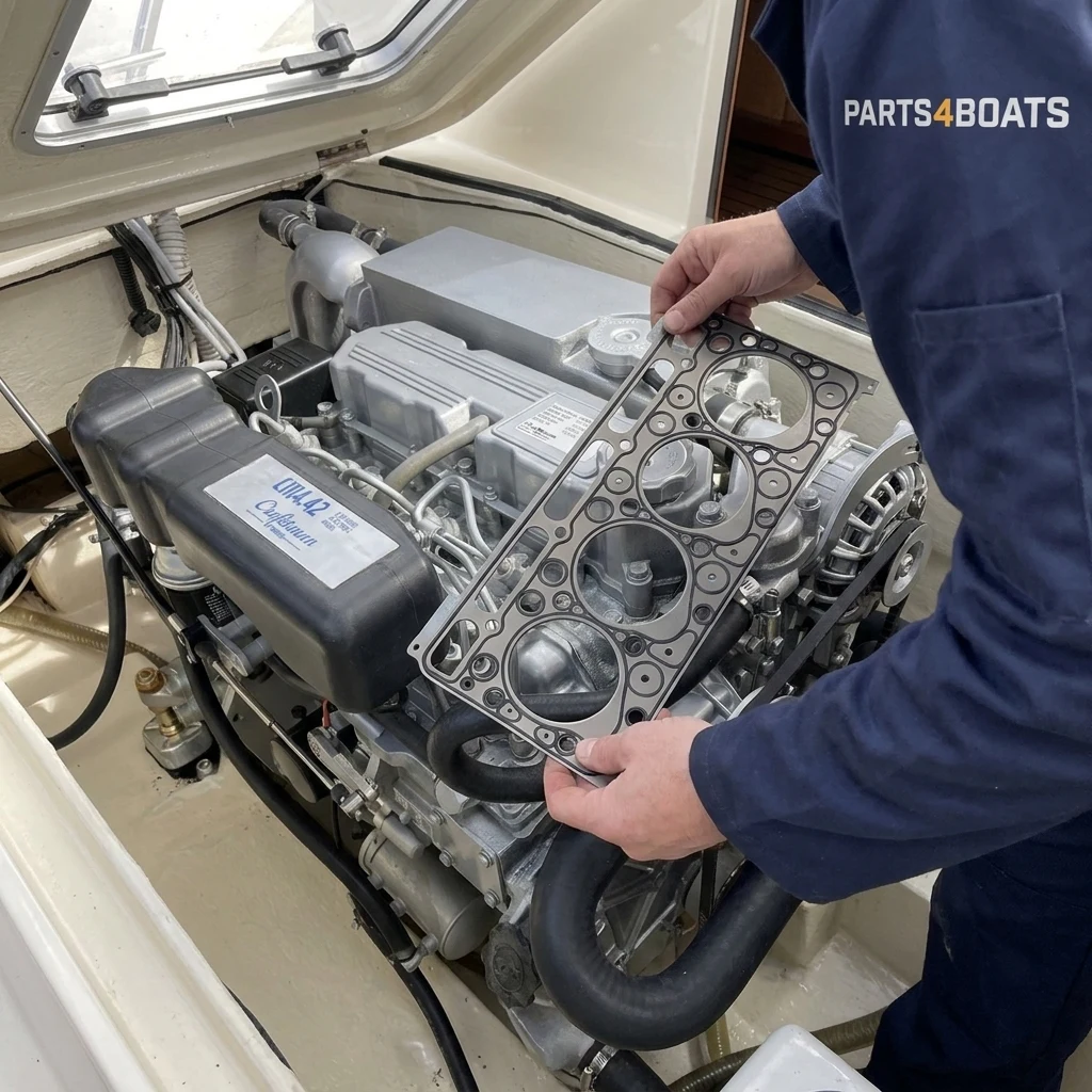 Nouveau joint de culasse posé sur un établi au-dessus d'un diesel marin Craftsman Marine CM4.42