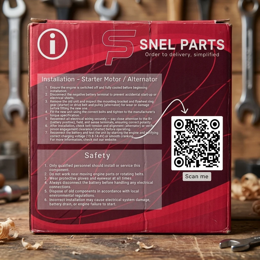 Côté informatif de la boîte Snel Parts avec instructions de montage, consignes de sécurité et code QR