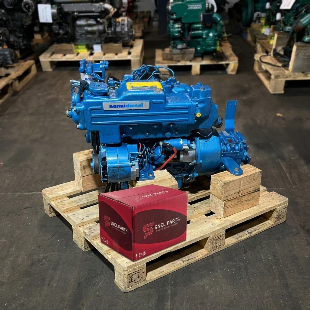 Boîte Snel Parts à côté d'un moteur marin Nanni Diesel dans l'entrepôt