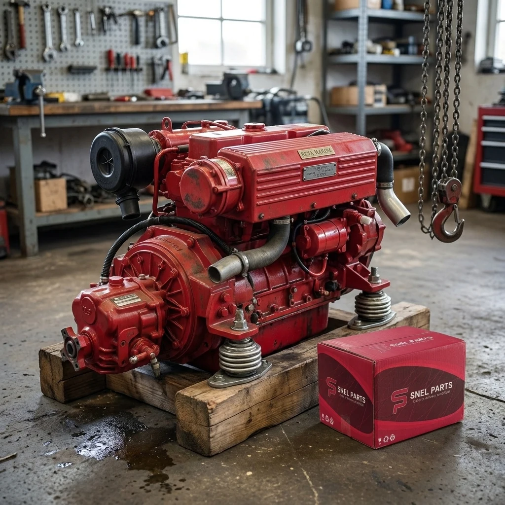 Boîte Snel Parts à côté d'un diesel marin Beta Marine rouge dans l'atelier