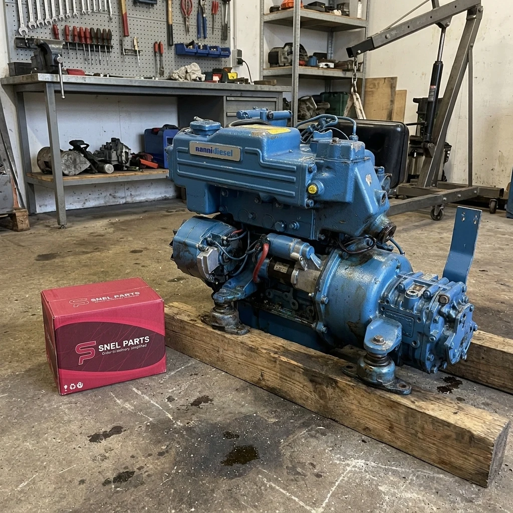 Snel Parts doos naast een Nanni Diesel scheepsmotor in de werkplaats
